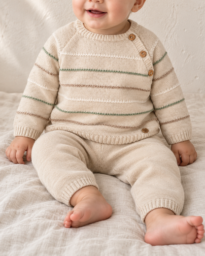 Bebé usando conjunto Avena Rayas para niño de Paz Rodríguez