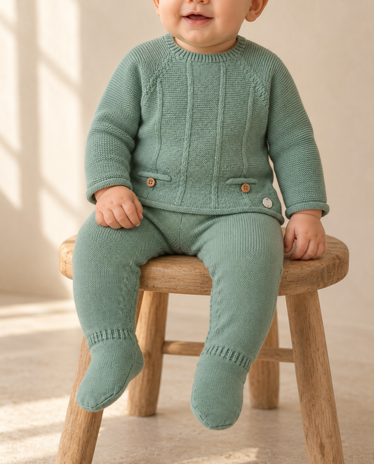 Bebé usando conjunto Ledicia Salvia para niño de Paz Rodríguez